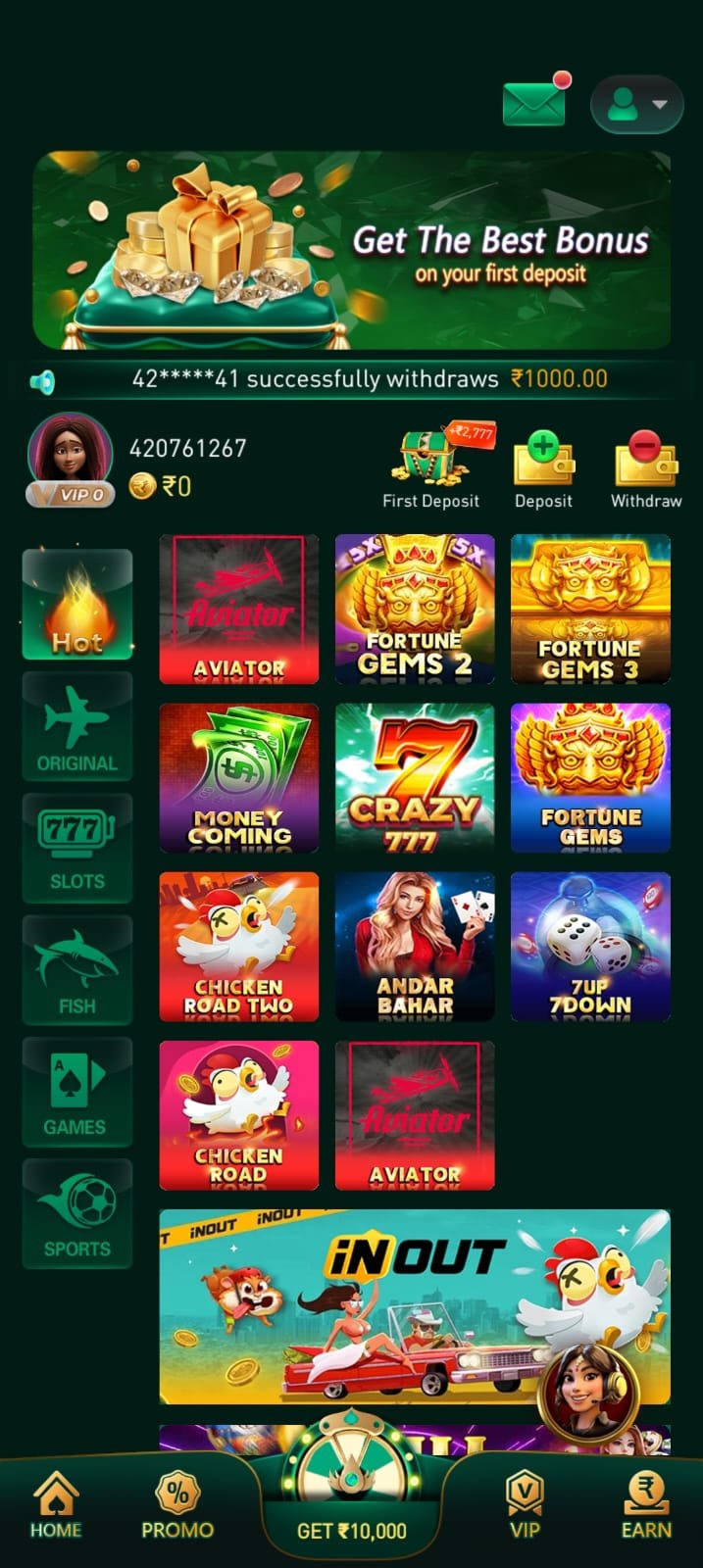 A11Club game lobby showing popular games like Aviator, Fortune Gems, and Crazy 777.